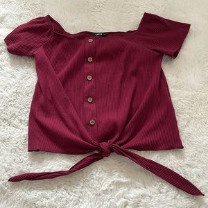 Ribbed Red Tie Front Top